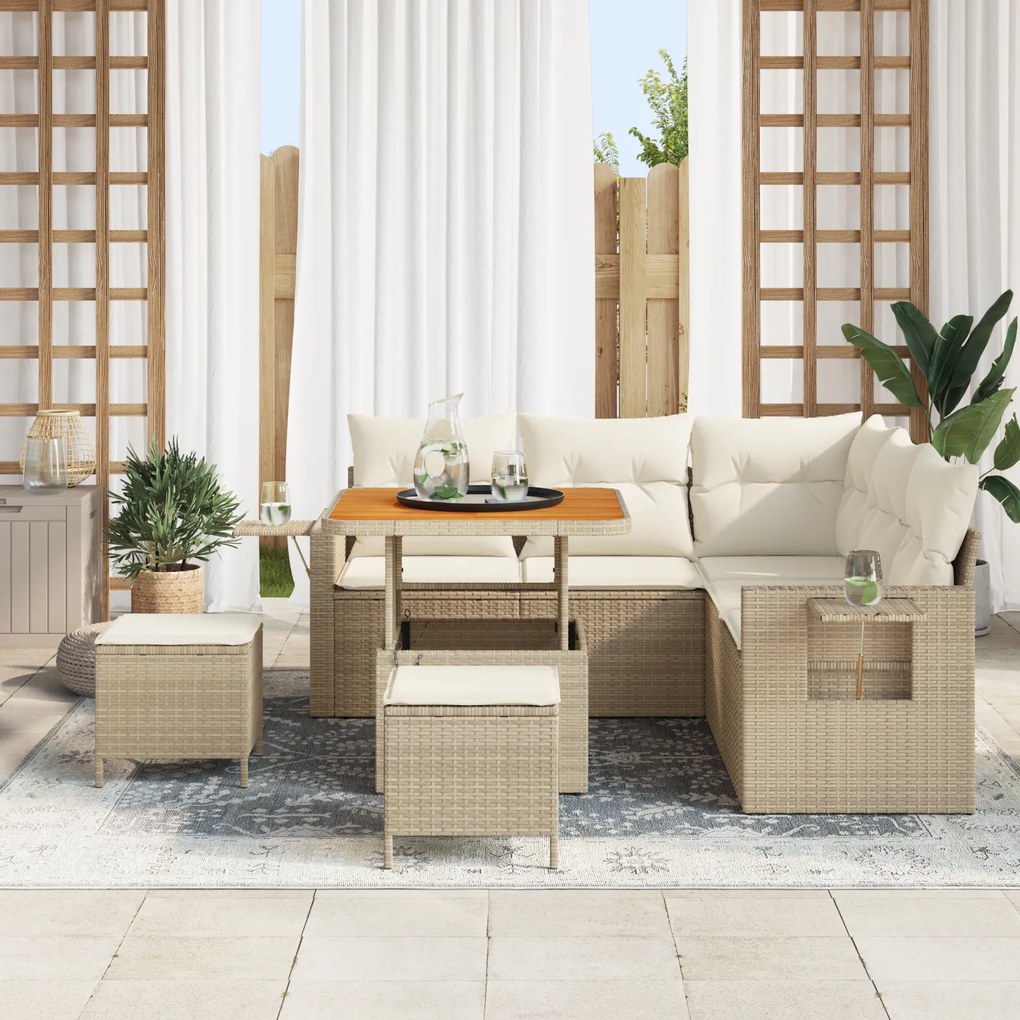 vidaXL Set καναπέ κήπου 8 τεμαχίων από τη με μπεζ μαξιλάρια, πολυρατάν ακακίας.