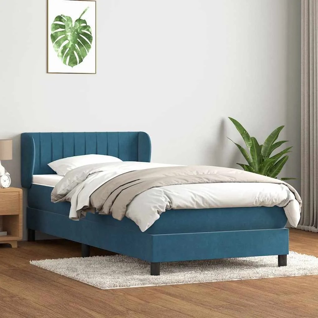 Κρεβάτι Boxspring με Στρώμα Σκούρο Μπλε 90x220 εκ. Βελούδινο - Μπλε