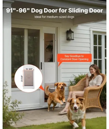 VEVOR Dog Door for Sliding Glass Door, 2311-2439 mm Adjustable Height, Aluminum Alloy Frame with Metal Rotating Hinges, Secure Lock Design, 346 x 600 mm Flap, Sliding Glass Pet Door for Renters
