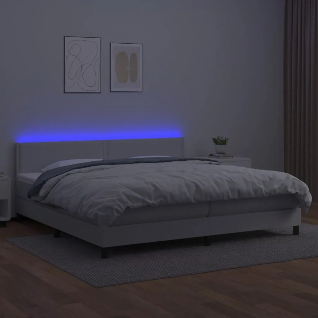 vidaXL Κρεβάτι Boxspring με Στρώμα & LED Λευκό 200x200 εκ. Συνθ. Δέρμα