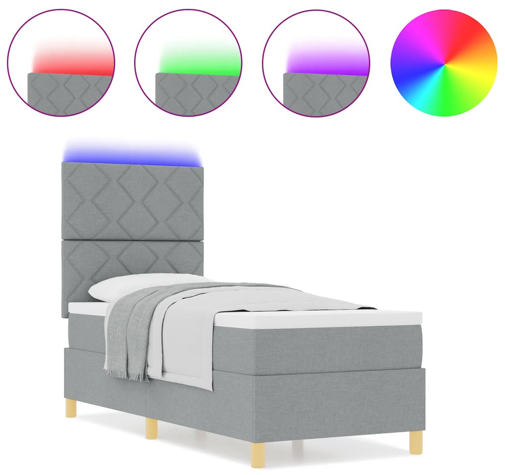 vidaXL Κρεβάτι με Ελατήριο και Στρώμα & LED Ανοιχτό Γκρι 80x200 cm Ύφασμα