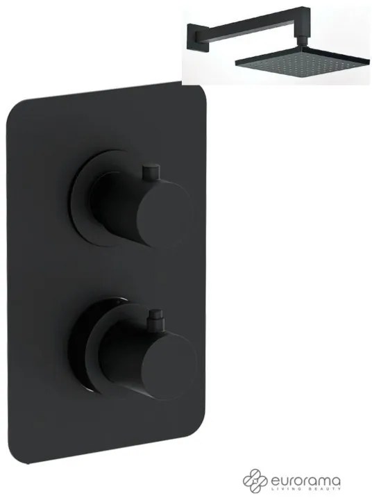 Eurorama TONDA Thermo Black matt Κεφαλή 20εκ+Θερμοστατικός μίκτης εντοιχισμού 2 ή 3 εξόδων με εκτροπέα