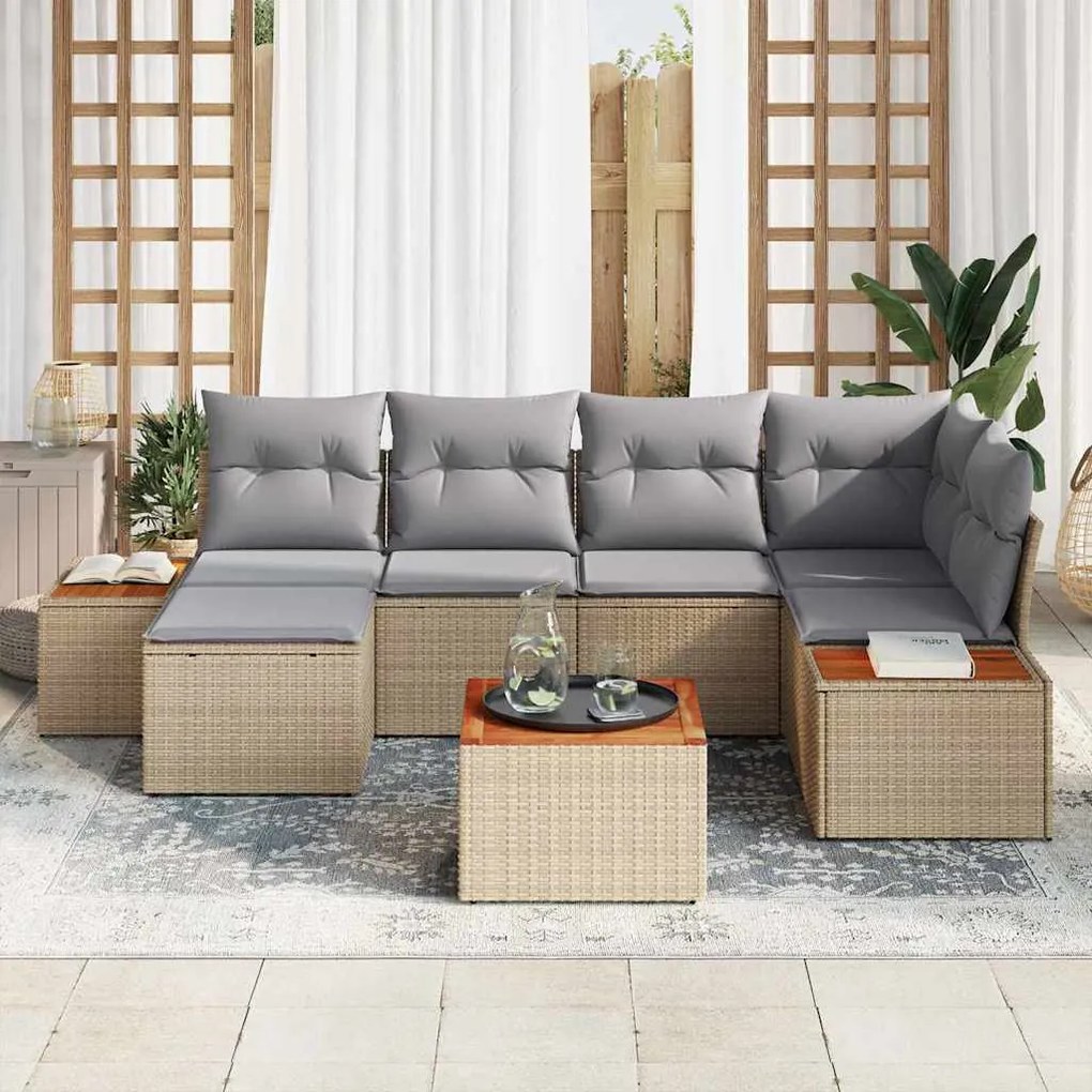 vidaXL Σετ Καναπέ Κήπου με μαξιλάρι 7 pcs Μπεζ Πολυ ράταν