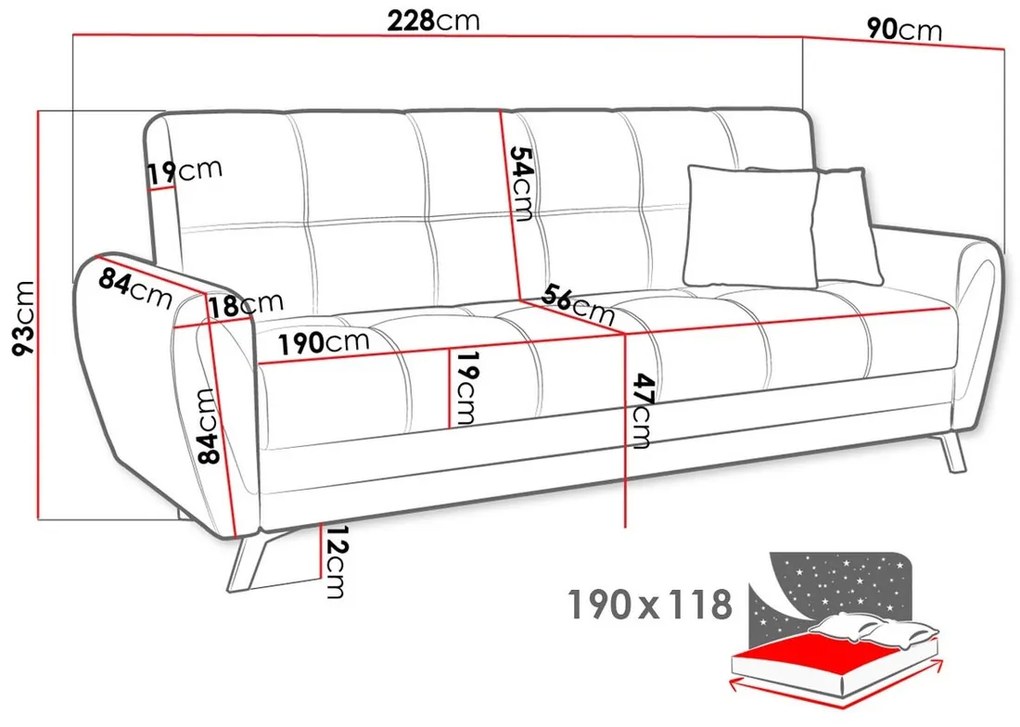 Καναπές κρεβάτι Columbus 156, Αριθμός θέσεων: 3, Αποθηκευτικός χώρος, 93x228x90cm, 63 kg, Πόδια: Μέταλλο, Ξύλο: Πεύκο | Epipla1.gr