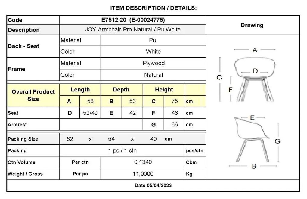 JOY Πολυθρόνα-Pro Τραπεζαρίας, Φυσικό, Pu Άσπρο 58x53x75cm