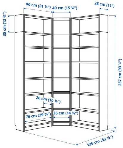 BILLY γωνιακή βιβλιοθήκη με μονάδες επέκτασης ύψους, 136/136x28x237 cm 394.835.49