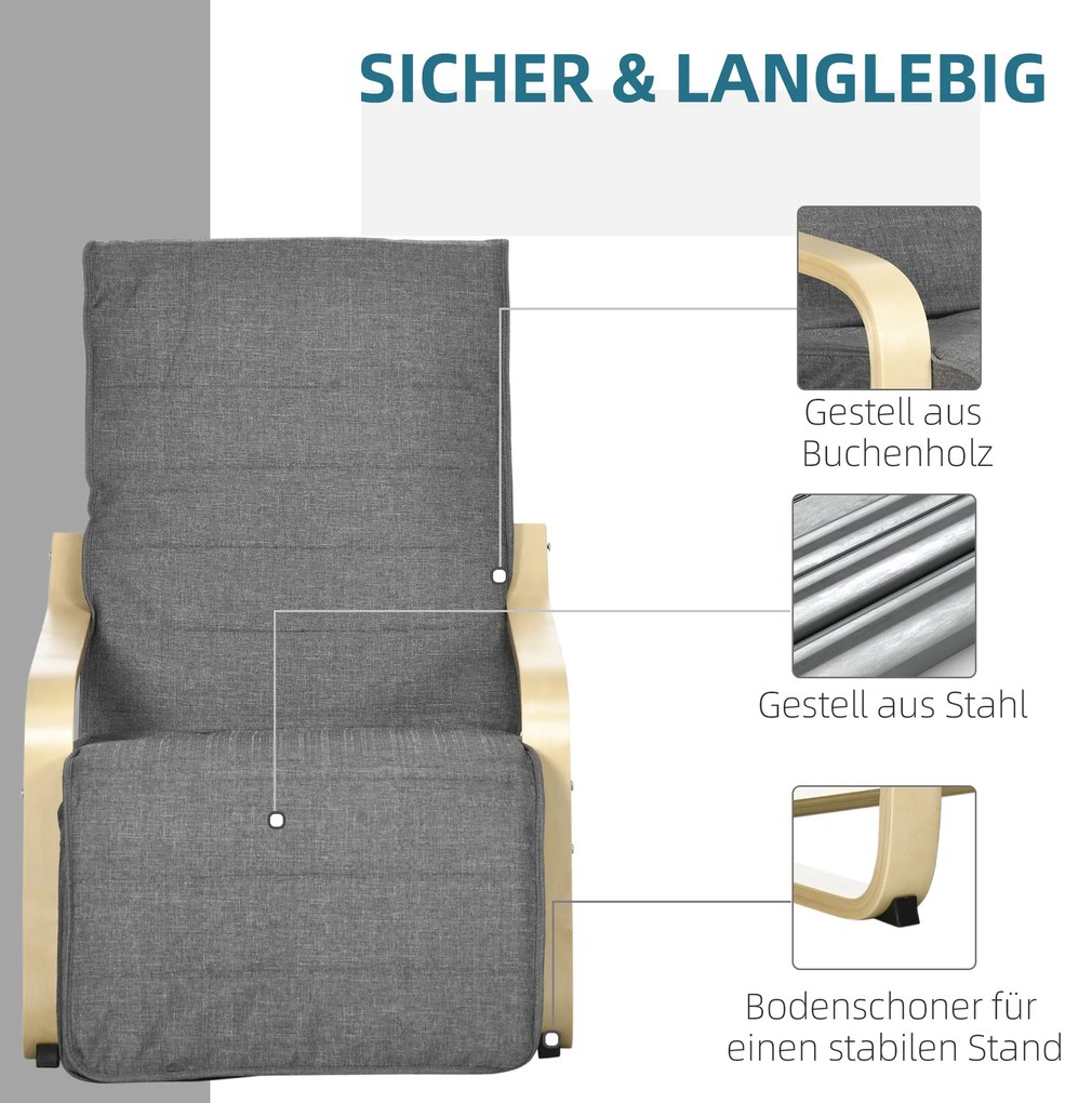 HOMCOM Πολυθρόνα με όψη, πολυθρόνα χαλάρωσης με ρυθμιζόμενο υποπόδιο, πλαίσιο από ξύλο οξιάς, έως 120 kg, 66,5 x 94 x 100 cm, Γκρι