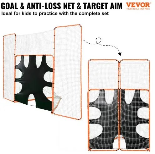 VEVOR 3-IN-1 Lacrosse Goal with Backstop and Target, 12' x 9' Lacrosse Net, Steel Frame Backyard Lacrosse Rebounder Equipment, Quick & Easy Setup Training Net, Perfect for Youth Adult Training, Orange