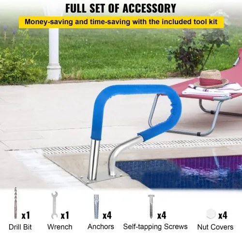 VEVOR Pool Rail 30x22&quot; Pool Railing 304 Stainless Steel 250LBS Load Capacity Silver Rustproof Pool Handrail Humanized Swimming Pool Handrail with Blue Grip Cover &amp; M8 Drill Bit &amp; Self-taping Screws