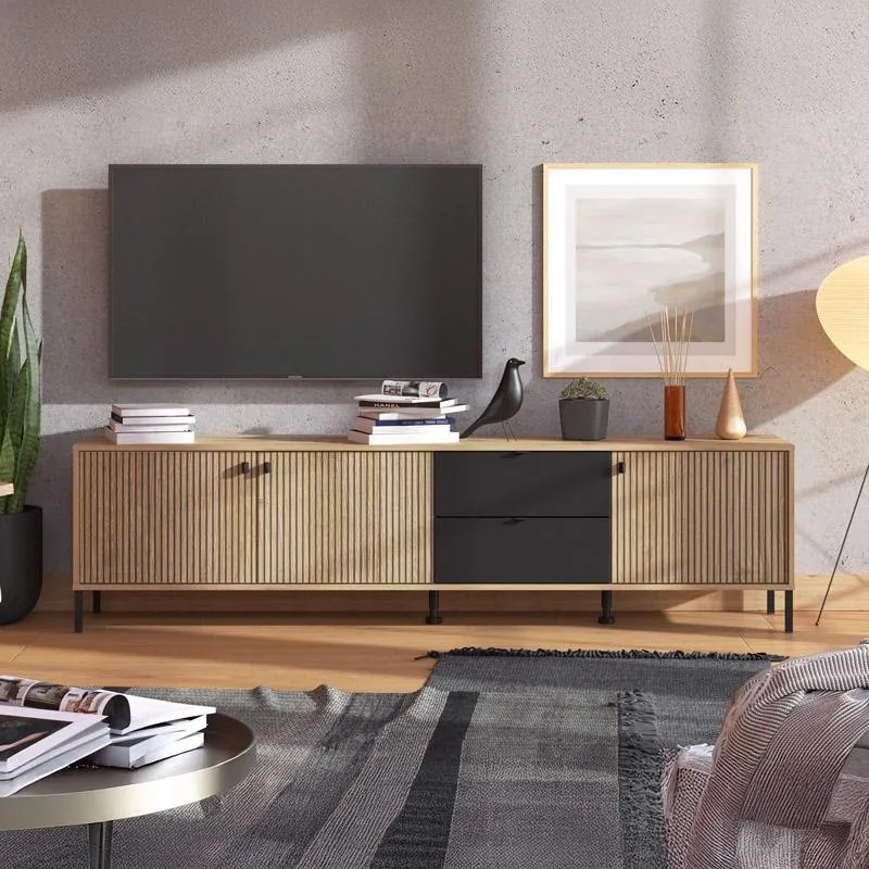 Έπιπλο τηλεόρασης Mayenne 208 4K2F3V Artisan Oak - Matt Black 208x40x55 εκ. 208x40x55 εκ.