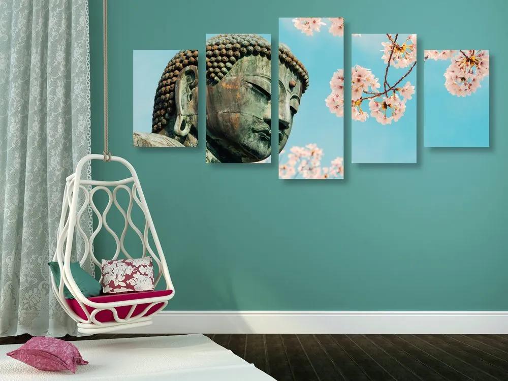 Εικόνα 5 τμημάτων Άγαλμα του Βούδα δίπλα στην κερασιά - 100x50