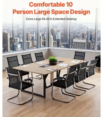 VEVOR Conference Table, 2400 mm Office Meeting Table for 10 Person, Modern Rectangle Seminar Desk with Metal Legs, Large Meeting Desk Ideal for Office, Boardroom, Conference Room, Easy Assembly, Brown