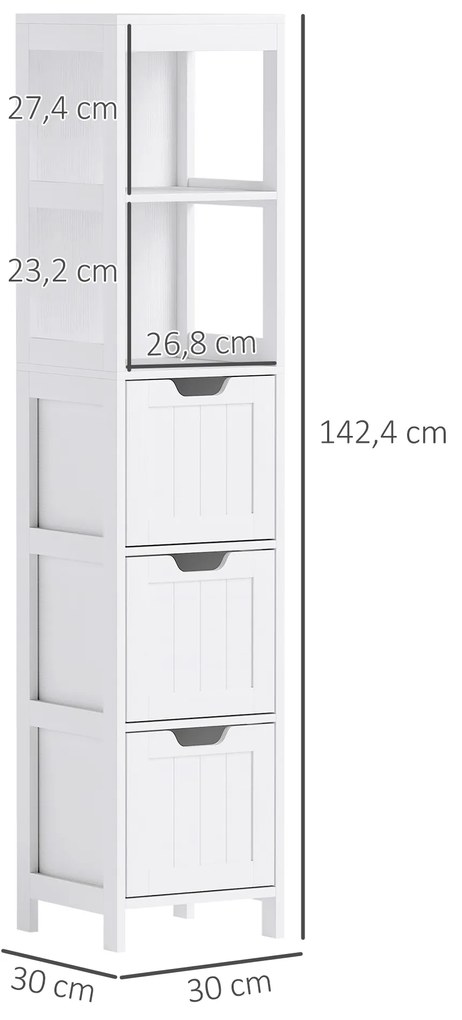 HOMCOM Ντουλάπι μπάνιου, 2 ράφια, 3 συρτάρια, αδιάβροχο υλικό, λευκό