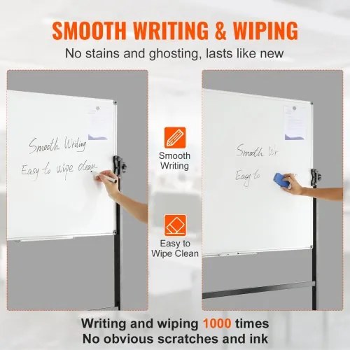 VEVOR Rolling Whiteboard, 48x32 inch Double-Sided Magnetic Mobile Whiteboard, 360° Reversible Adjustable Height Dry Erase Board with Wheels & Movable Tray for Office School