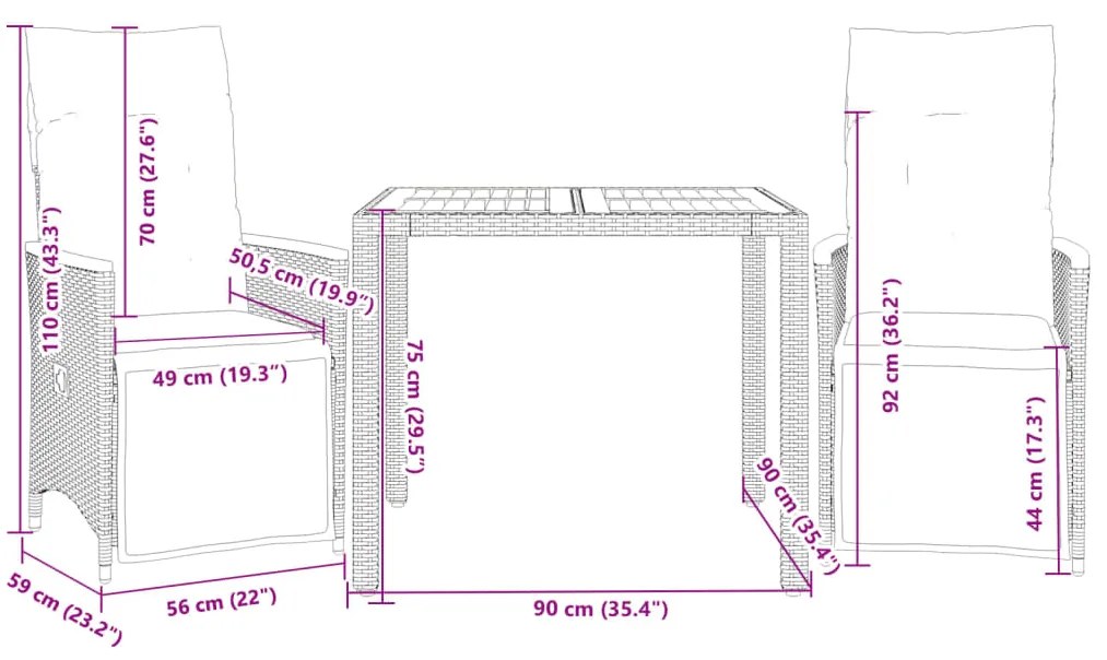 vidaXL Σετ Επίπλων Bistro Κήπου 3 τεμ Γκρι Συνθετ. Ρατάν με Μαξιλάρια
