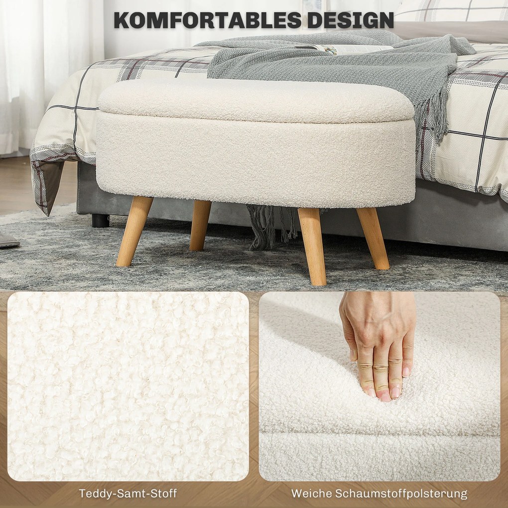 HOMCOM Πάγκος με Αποθηκευτικό Χώρο και Καπάκι, Υποπόδιο για Διάδρομο, Σαλόνι, Υπνοδωμάτιο, Ξύλο, Υφασμάτινο Κάλυμμα, Λευκό