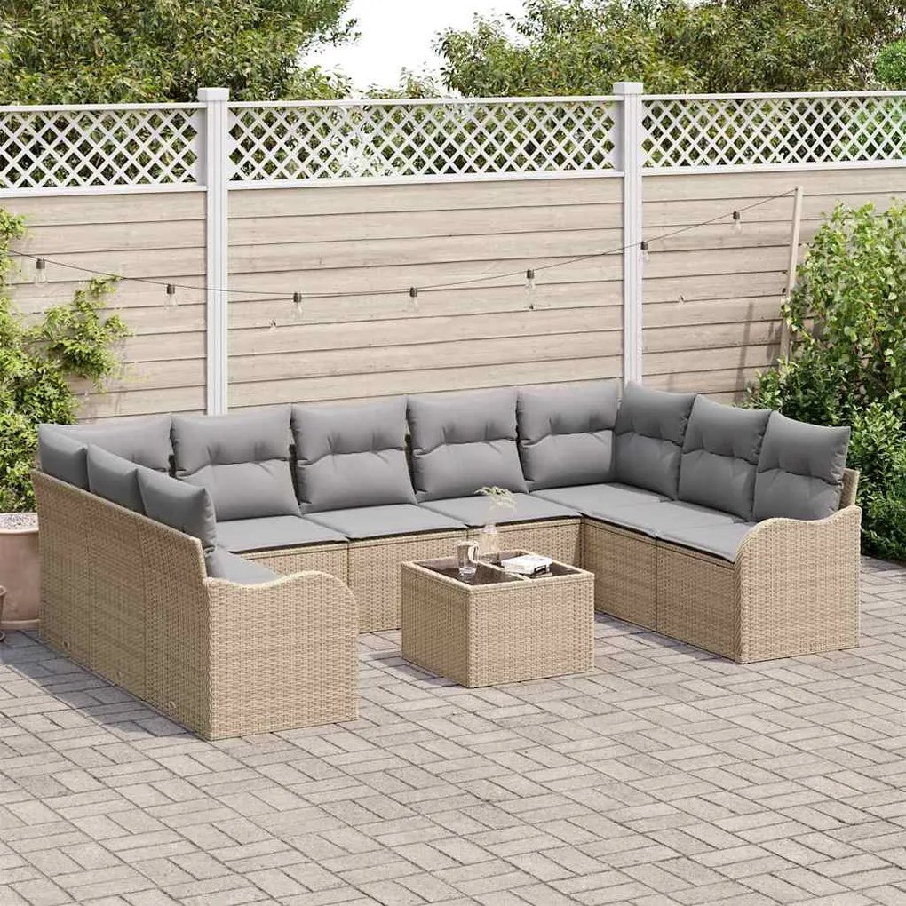 vidaXL Σετ Καναπέ Κήπου με μαξιλάρι 10 pcs Μπεζ Πολυ ράταν