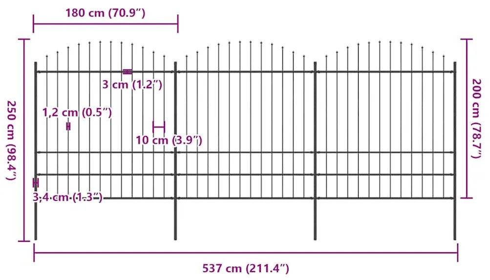 vidaXL Φράχτης Κήπου με Κορυφή Δόρυ Μαύρος Ατσάλινος 537 x 200 εκ.