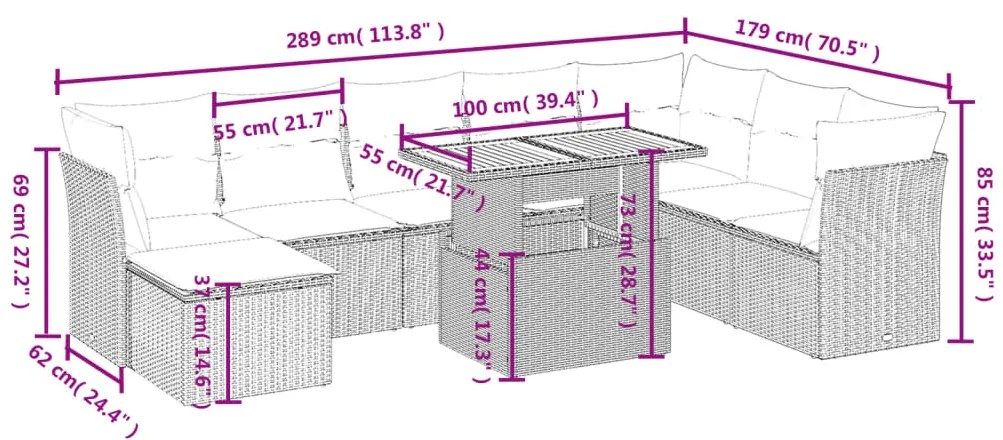 vidaXL Σαλόνι Κήπου Σετ 9 Τεμαχίων Μαύρο από Συνθ. Ρατάν με Μαξιλάρια