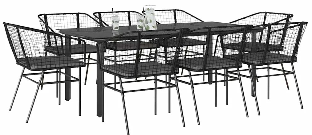 Σετ Τραπεζαρίας Κήπου 9 τεμ Μαύρο Συνθ.Ρατάν/Γυαλί με Μαξιλάρια