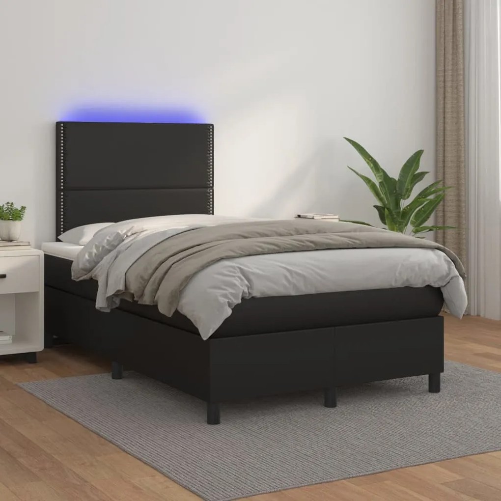 vidaXL Κρεβάτι Boxspring με Στρώμα&LED Μαύρο 120x190εκ.Συνθετικό Δέρμα