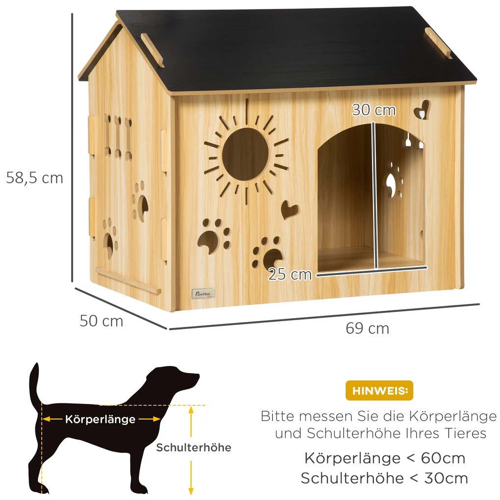 PawHut Σκυλοσπιτο, με αεραγωγούς, ανθεκτικό στις καιρικές συνθήκες, υλικό ξύλου, Μαύρο+Χρώμα ξύλου, 69 x 50 x 58,5 cm