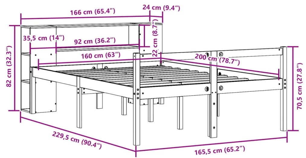 Κρεβάτι Βιβλιοθήκη Χωρίς Στρώμα Καφέ 160x200 εκ Μασίφ Πεύκο - Καφέ