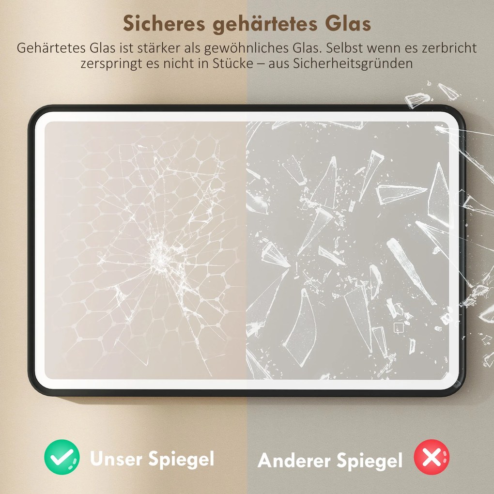 Καθρέφτης μπάνιου LED 90 x 60 cm, φώτα, 3 χρώματα, με δυνατότητα ρύθμισης φωτεινότητας, λειτουργία μνήμης, οριζόντια και κάθετη, μαύρο