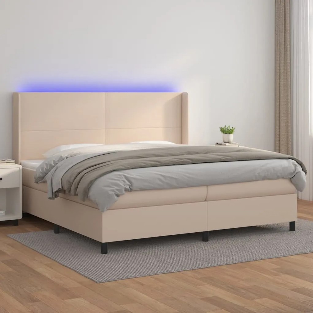 vidaXL Κρεβάτι Boxspring Στρώμα&LED Καπουτσίνο 200x200 εκ. Συνθ. Δέρμα