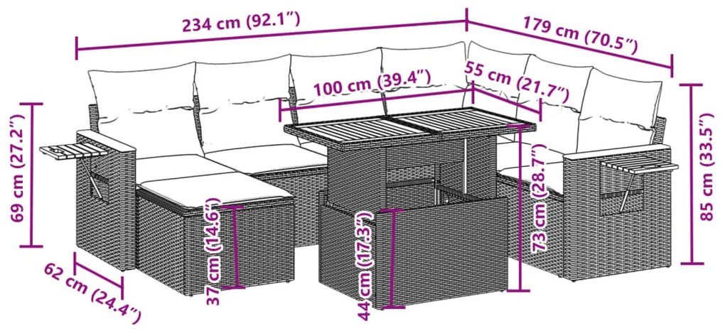 vidaXL Σαλόνι Κήπου Σετ 8 Τεμαχίων Γκρι Συνθετικό Ρατάν με Μαξιλάρια