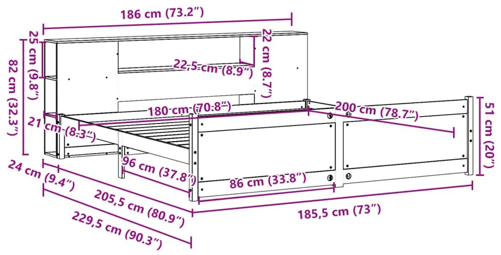 Κρεβάτι Βιβλιοθήκη Χωρίς Στρώμα 180x200 εκ Μασίφ Ξύλο Πεύκου - Λευκό