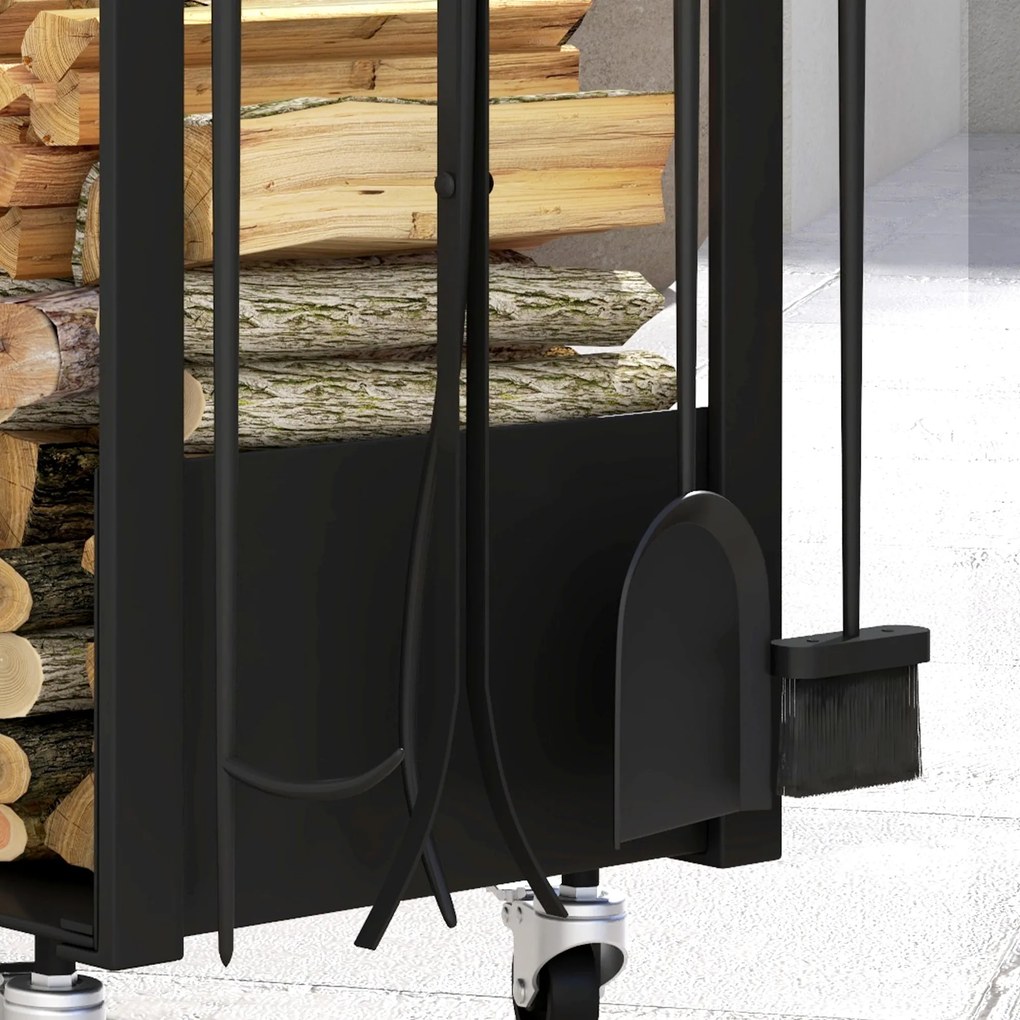 Outsunny Βάση για Ξύλα Τζακιού με Ρόδες, Πολλά Αξεσουάρ, Μεταλλικό Πλαίσιο, έως 60 kg, 48 x 30 x 76 cm, Μαύρο