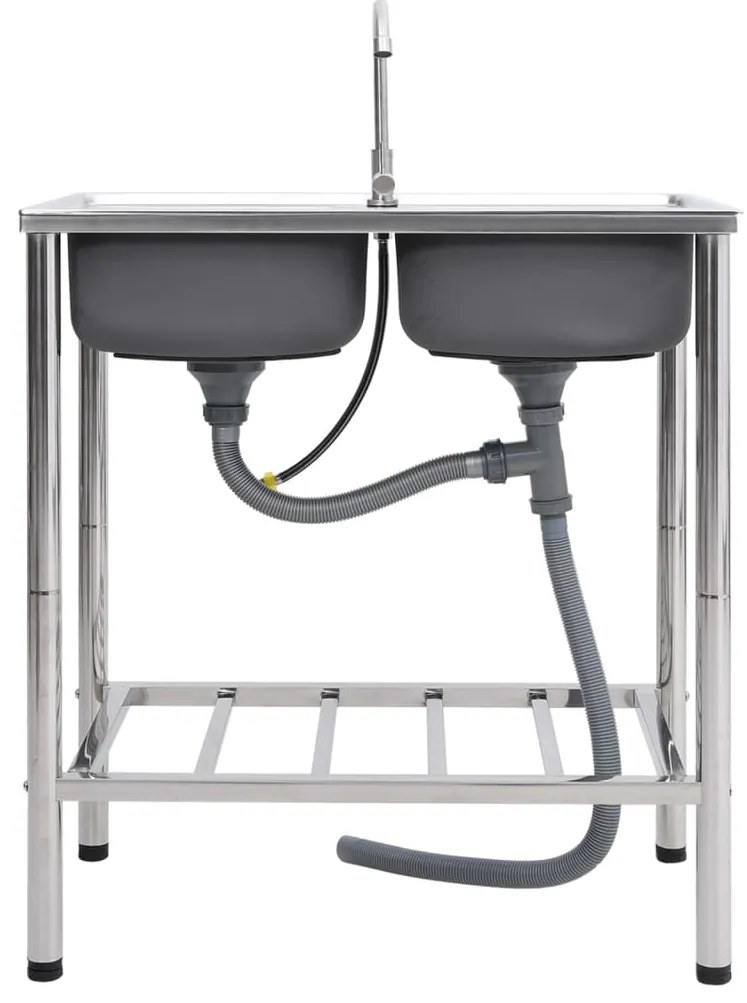 vidaXL Νεροχύτης Εξωτερ. Χώρου με Διπλή Γούρνα &amp; Μπαταρία Ανοξ. Ατσάλι