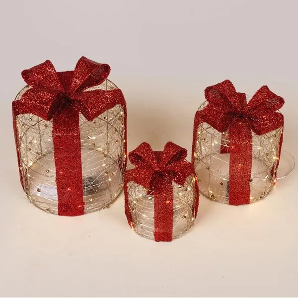 Eurolamp Φωτιζόμενα Δώρα Με LED Θερμό Λευκό Σετ 3 Τμχ 15-20-25cm Timer Χρυσαφί Mε Kόκκινο Φιόγκο Μπαταρίας 600-47772