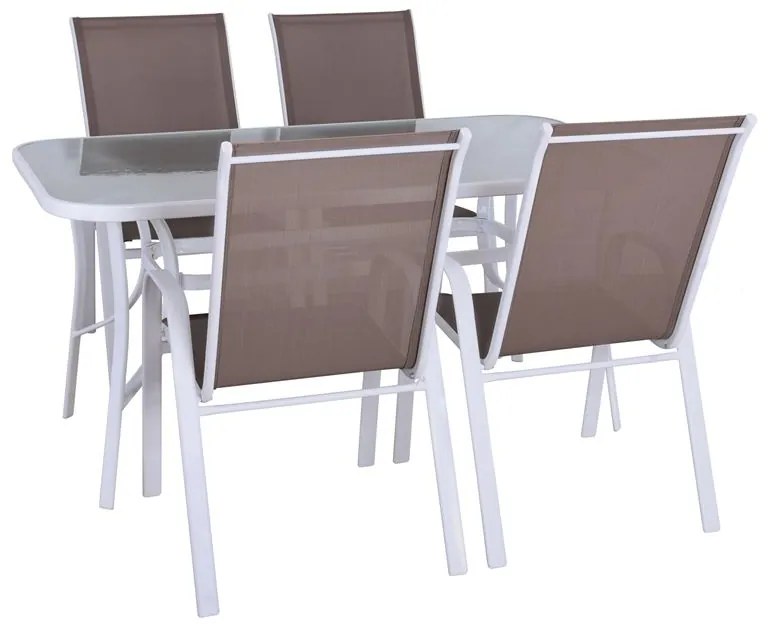 WOODWELL RIO Set Τραπεζαρία Κήπου Άσπρο Μέταλλο, Textilene Cappuccino: Τραπέζι + 4 Πολυθρόνες Table:120x70x71 Armch:55x74x91 Ε250,4L