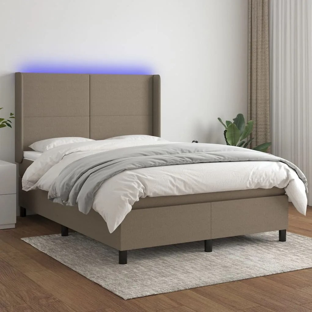 Κρεβάτι Boxspring με Στρώμα &amp; LED Taupe 140x190 εκ. Υφασμάτινο