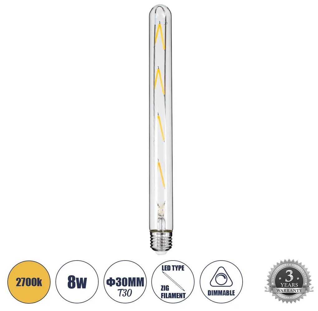 GloboStar® 99020 Λάμπα LED Long Filament E27 T30 Σωλήνας 8W 800lm 360° AC 220-240V IP20 Φ3 x Υ30cm Θερμό Λευκό 2700K με Διάφανο Γυαλί - Dimmable - 3 Years Warranty