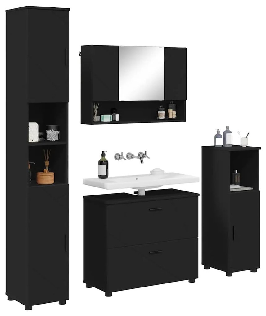 vidaXL Σετ Επίπλων Μπάνιου με συρτάρι με ράφι Επιτοίχιο 4 pcs Μαύρο