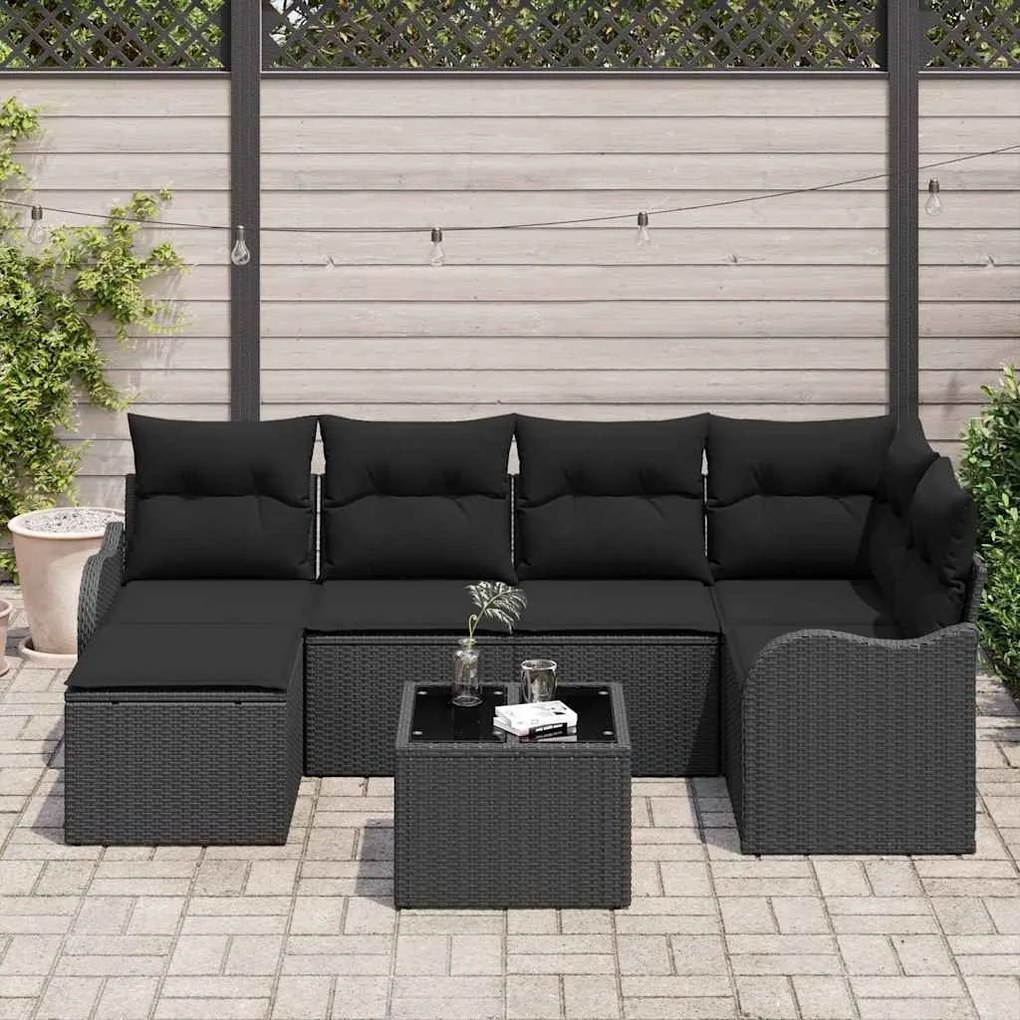 vidaXL Σετ Καναπέ Κήπου με μαξιλάρι 7 pcs Μαύρο Πολυ ράταν