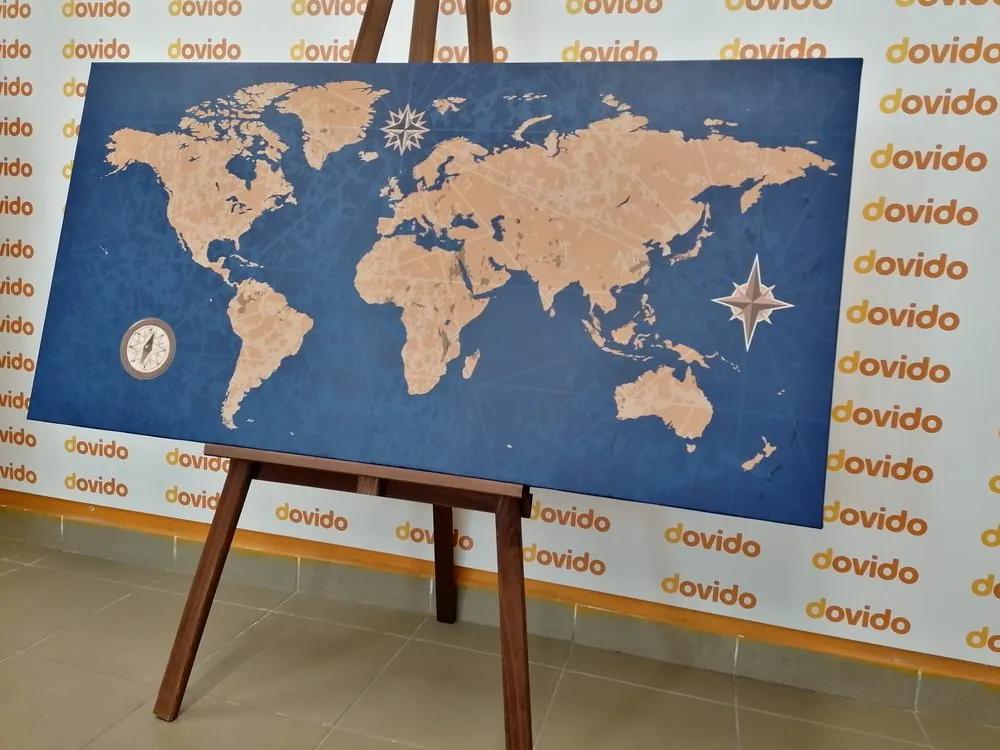 Εικόνα στον παγκόσμιο χάρτη φελλού με πυξίδα σε ρετρό στυλ σε μπλε φόντο - 100x50  peg