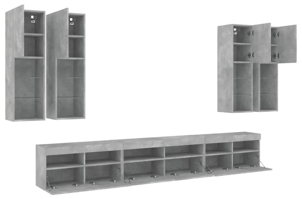 vidaXL Ντουλάπια Τηλεόρασης Τοίχου 7 τεμ. Φώτα LED Γκρι Σκυροδέματος