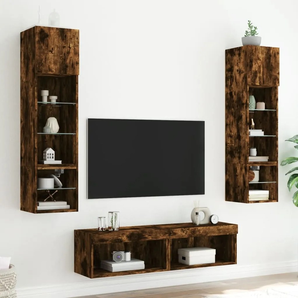 vidaXL Έπιπλα Τοίχου Τηλεόρασης 6 τεμ LED Καπνιστή Δρυς από Επεξ. Ξύλο