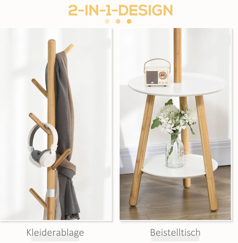 HOMCOM Κρεμάστρα παλτών με βοηθητικό τραπέζι σε σκανδιναβικό στυλ, 5 γάντζοι παλτών, 39,5 cm x 39,5 cm x 171 cm, φυσικό + λευκό