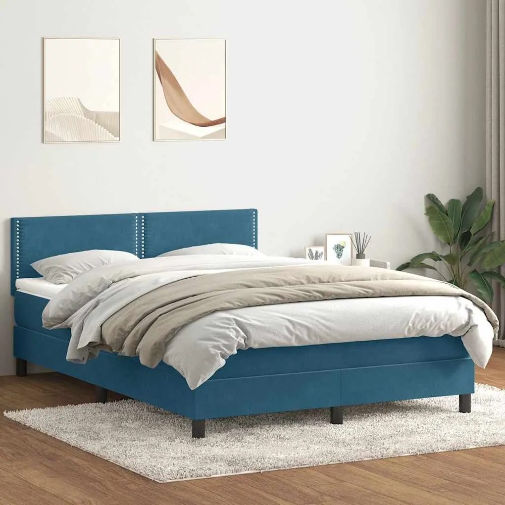 Κρεβάτι Boxspring με Στρώμα Σκούρο Μπλε 160x210 εκ. Βελούδινο - Μπλε