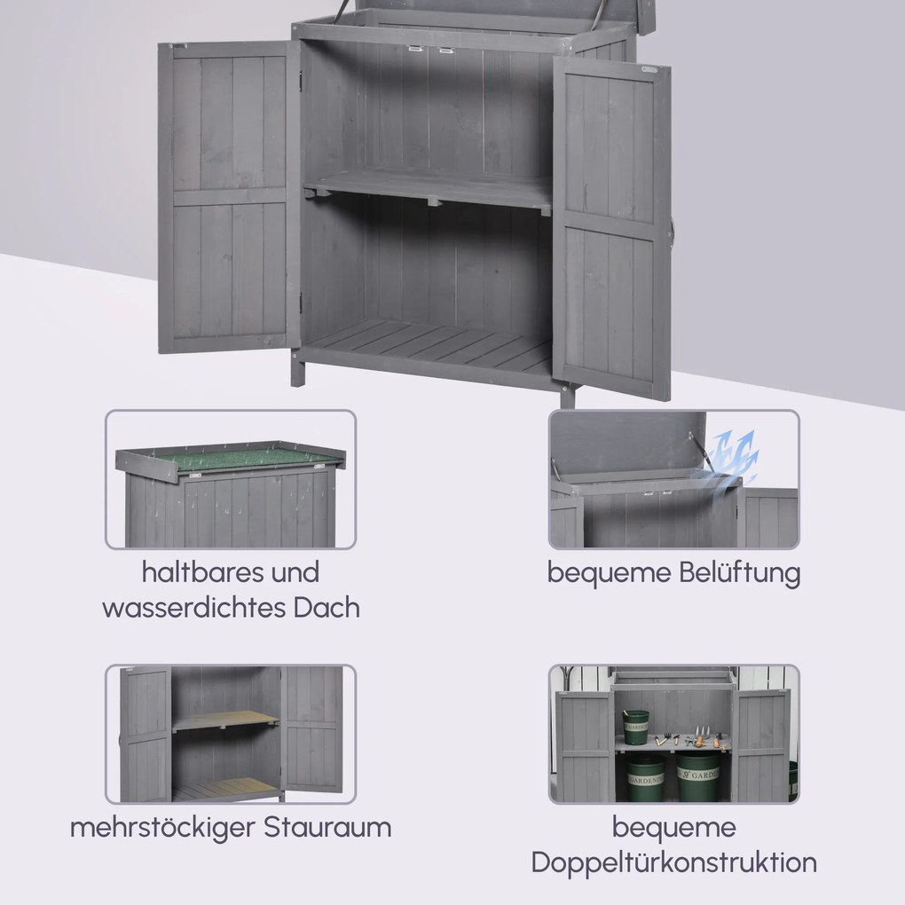 Outsunny ντουλάπι αποθήκευσης, διπλή πόρτα, ανακλινόμενο καπάκι, 2 ράφια, ανθεκτικό στις καιρικές συνθήκες, φυσικό ξύλο, γκρι, 74 x 43 x 88cm