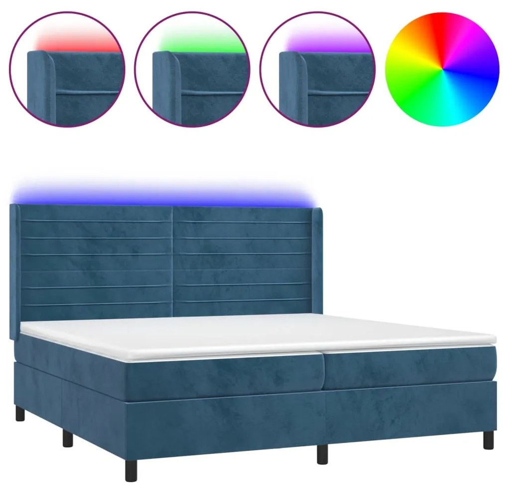 Κρεβάτι Boxspring με Στρώμα &amp; LED Σκ. Μπλε 200x200εκ. Βελούδινο - Μπλε