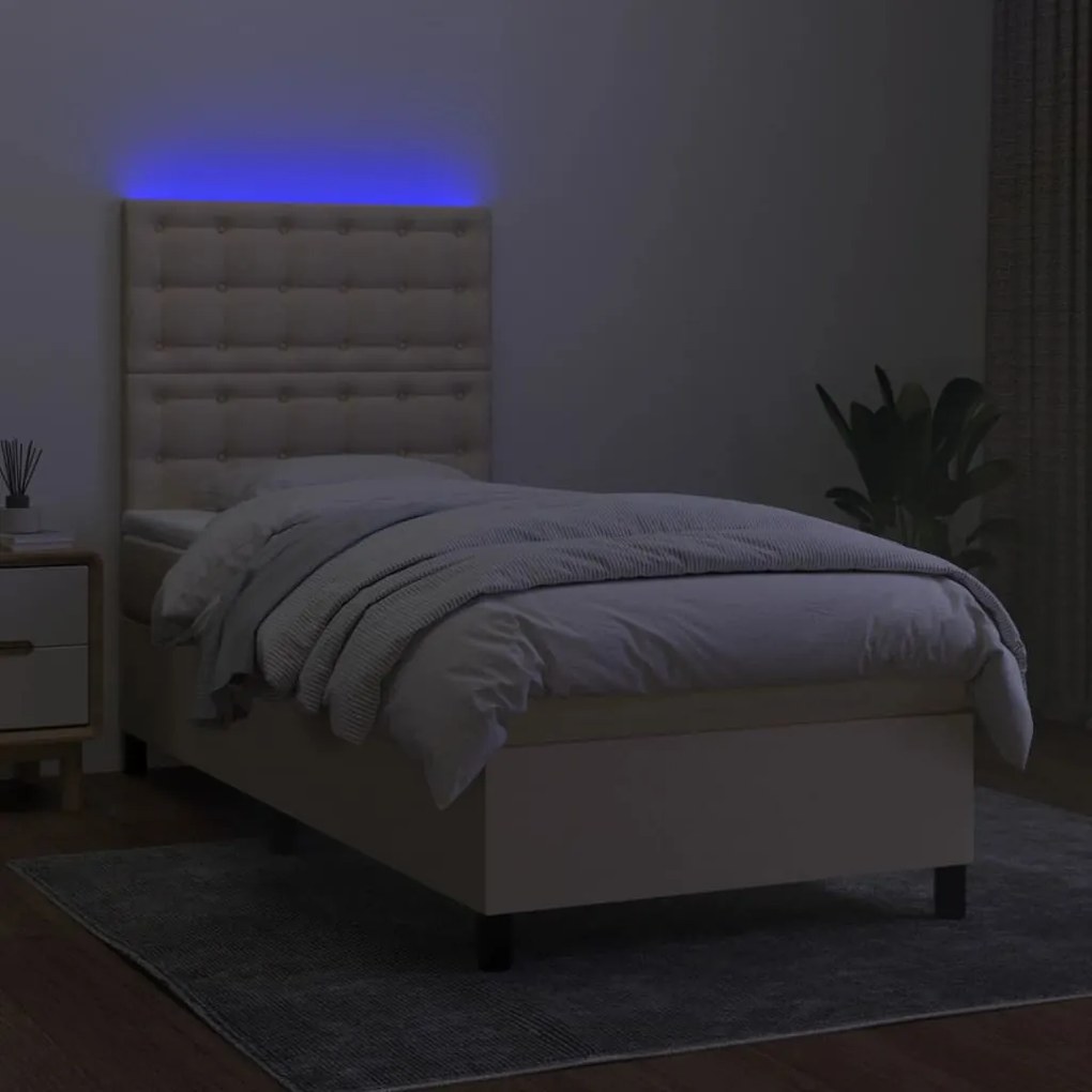 Κρεβάτι Boxspring με Στρώμα &amp; LED Κρεμ 100x200 εκ. Υφασμάτινο - Κρεμ