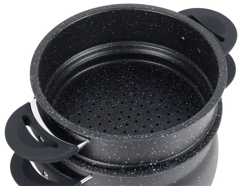 Ατμομάγειρας Royalty Line RL-CP6LM, 20 cm, 6 λίτρα, 3 τεμάχια, μαρμάρινο φινίρισμα, επαγωγή, Μαύρο