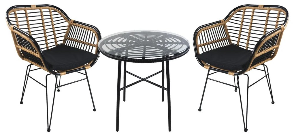 Σετ Τραπεζαρία Κήπου ArteLibre APPIUS Μαύρο Μέταλλο/Rattan/Γυαλί Με 2 Καρέκλες 14990370