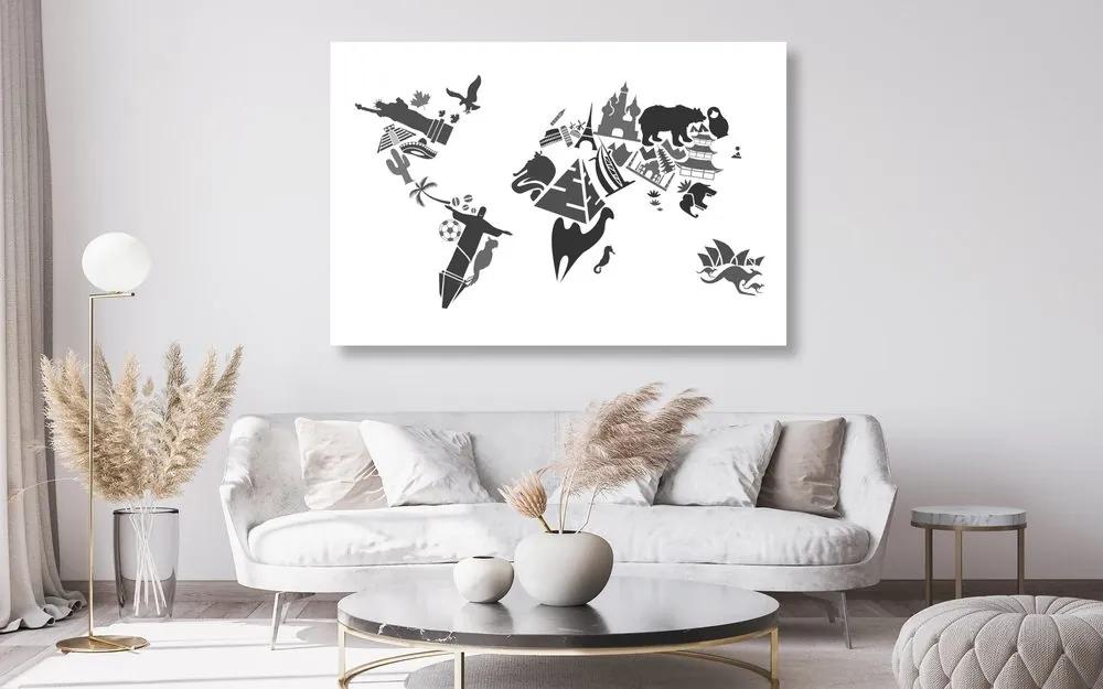 Εικόνα στον παγκόσμιο χάρτη από φελλό με σύμβολα μεμονωμένων ηπείρων σε μαύρο & άσπρο - 120x80  transparent